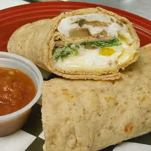 Breakfast Burrito Opt. 2 Bacon, Sausage, Cheddar & Monterey Jack, Spinach, Onions, Mushrooms.